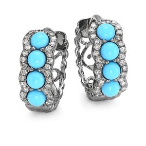 Nina Gilin -Black Rhodium Silver, Diamond & Turquoise Huggie Earrings